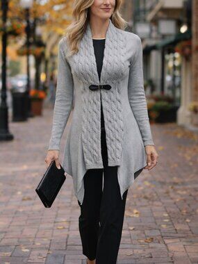 Gray Cable Knit Front Cardigan with Belt Closure